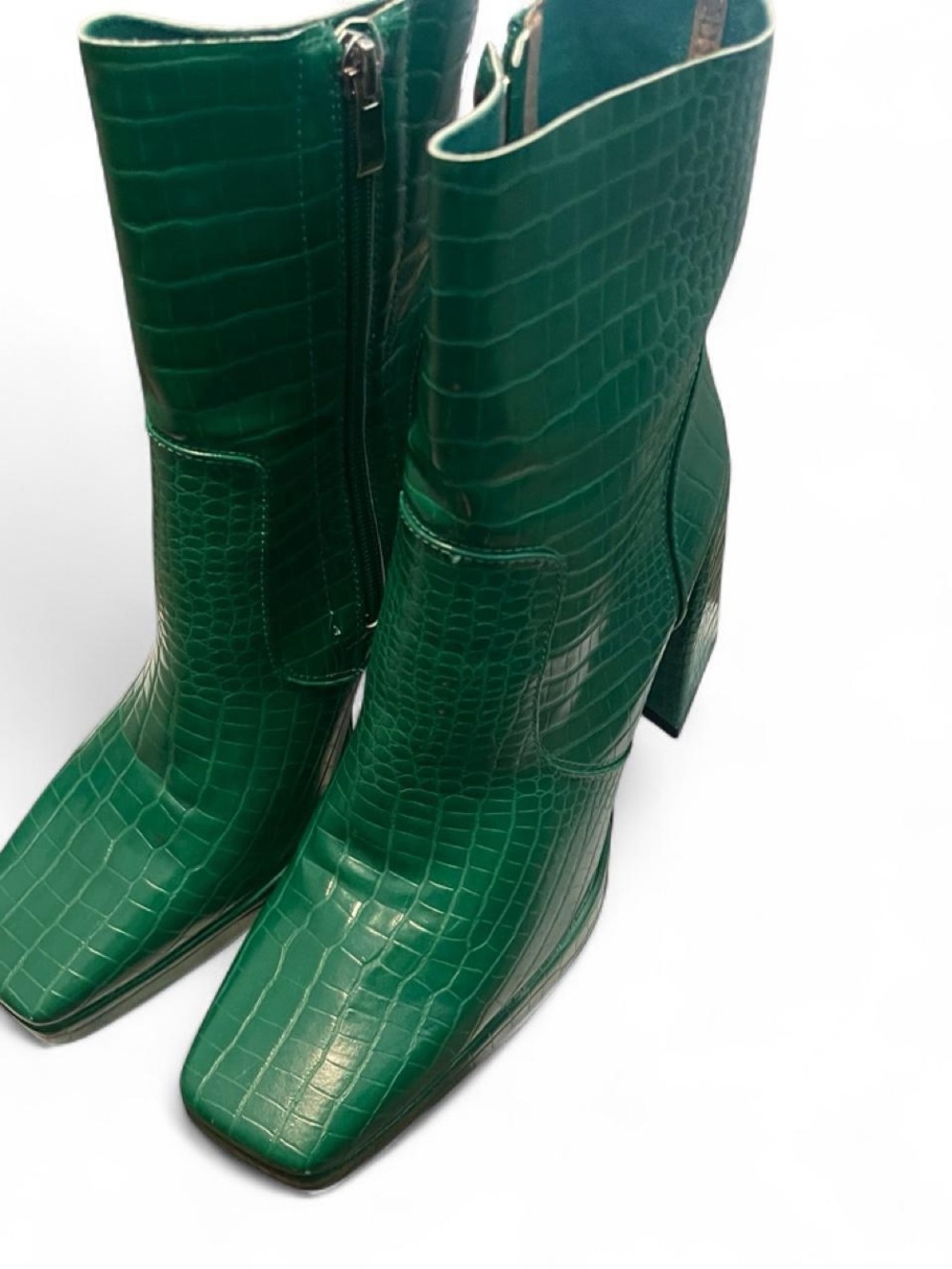 Nasty Gal Emerald Green Croc-Embossed Block Heel Ankle Boots - Picture 3 of 5